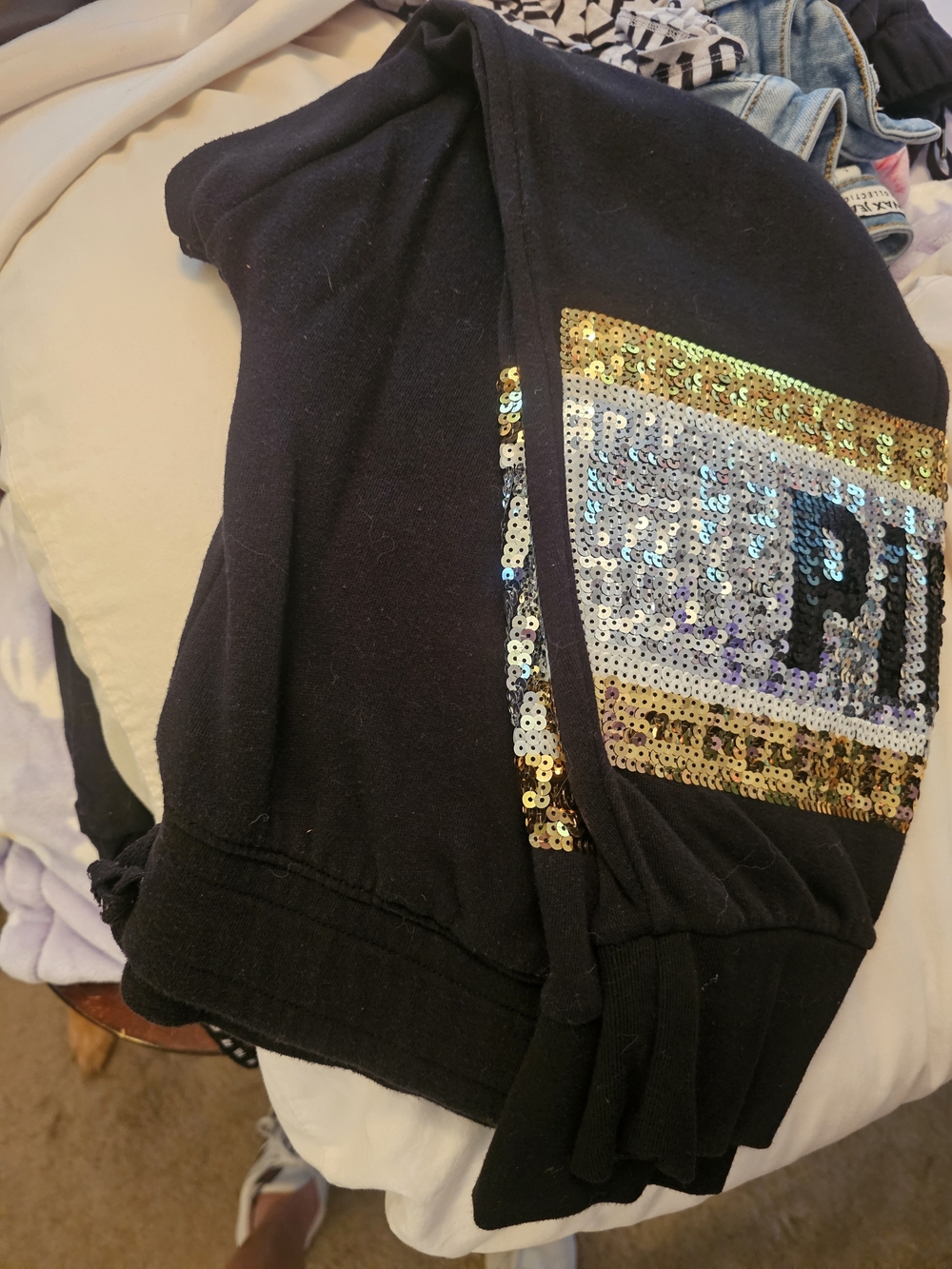 PINK Victoria's Secret Black Hoodie And Pants with Gold & Silver Sequin Trim - Picture 5 of 7